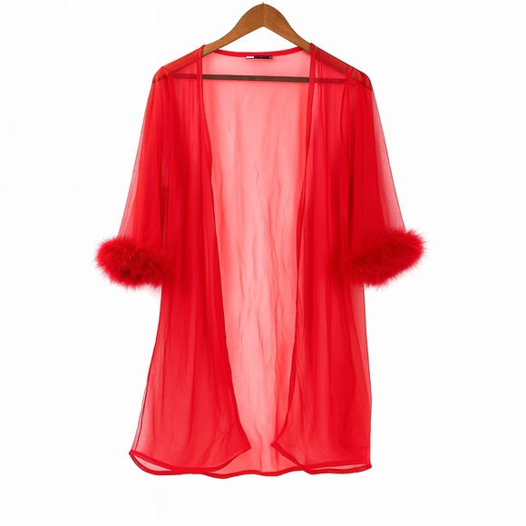 Vintage Nite Images II Sheer Nylon Robe Feather Trim Sleeves Red Medium USA - Picture 1 of 8